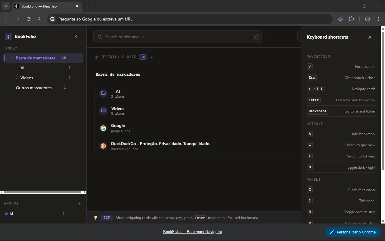 Dark BookFolio dashboard with the keyboard shortcut reference panel open on the right