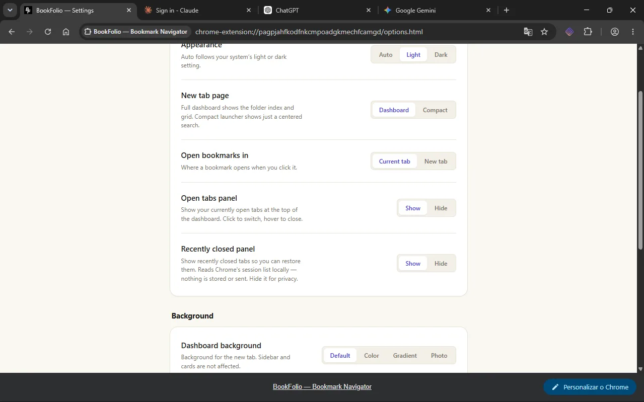 BookFolio settings page showing appearance, new-tab layout, open-tab panels, and dashboard background options