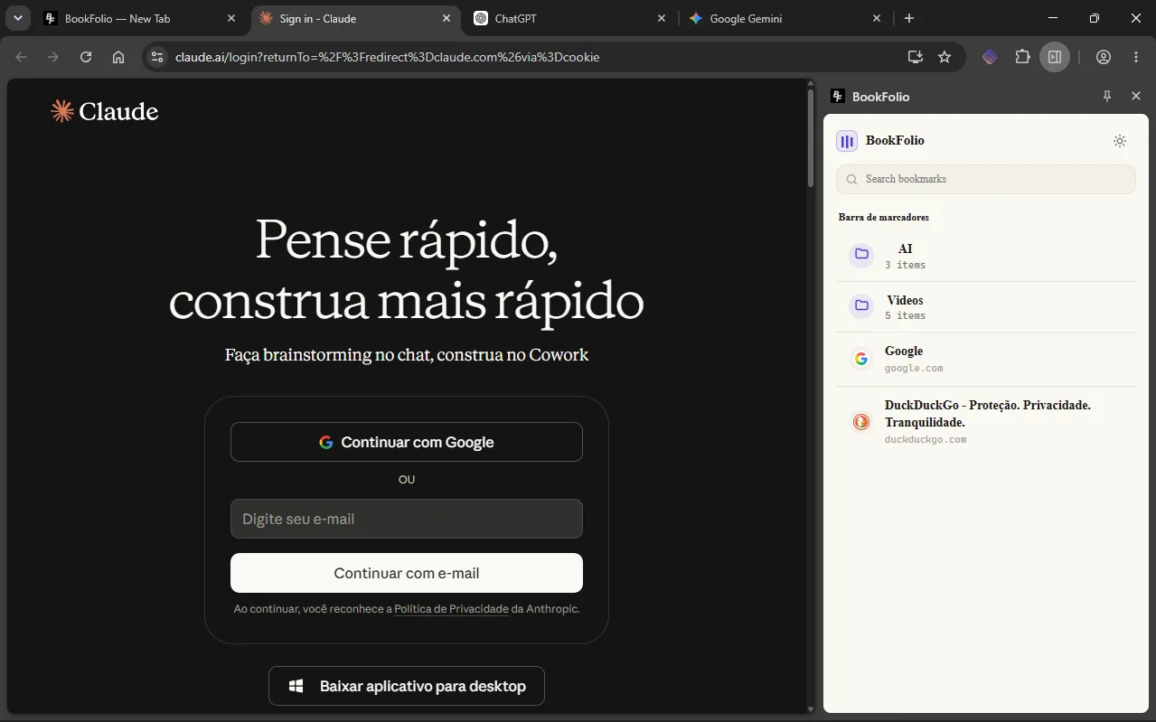 BookFolio side panel open beside a website, showing bookmark search and a compact list of folders and saved links